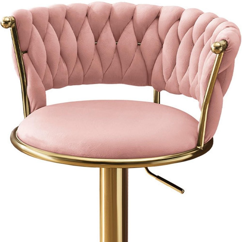 Set of Two Pink And Gold Velvet And Metal Low Back Adjustable Height Swivel Bar Chairs on a white background