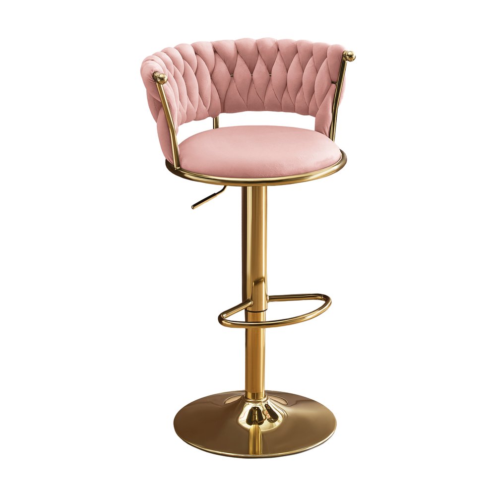 Set of Two Pink And Gold Velvet And Metal Low Back Adjustable Height Swivel Bar Chairs on a white background