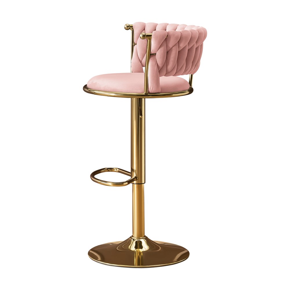 Set of Two Pink And Gold Velvet And Metal Low Back Adjustable Height Swivel Bar Chairs on a white background
