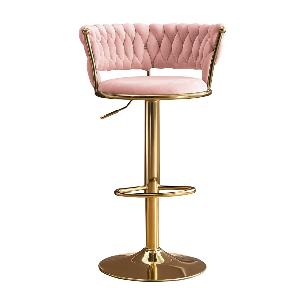 Set of Two Pink And Gold Velvet And Metal Low Back Adjustable Height Swivel Bar Chairs on a white background