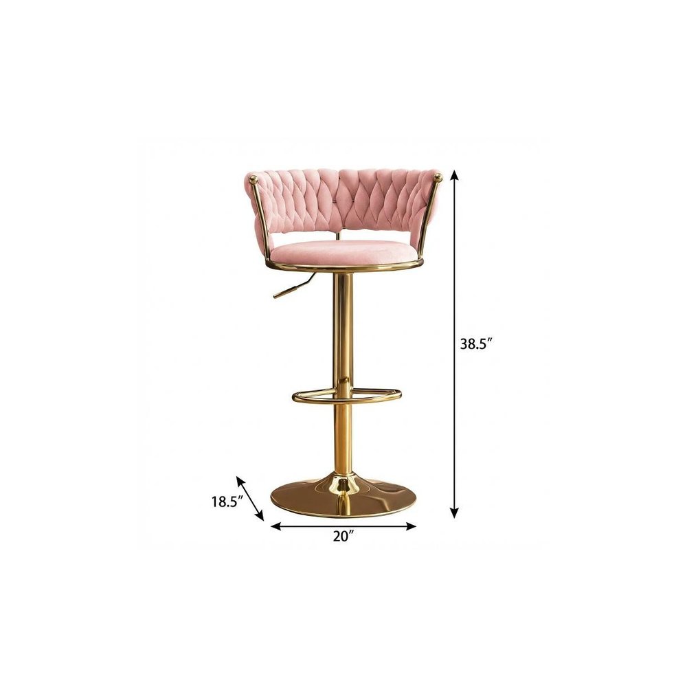 Set of Two Pink And Gold Velvet And Metal Low Back Adjustable Height Swivel Bar Chairs on a white background
