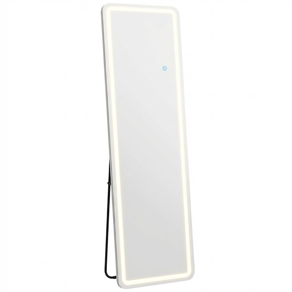 Tall, rectangular, silver framed mirror with integrated LED lighting and a blue power button on a white background.