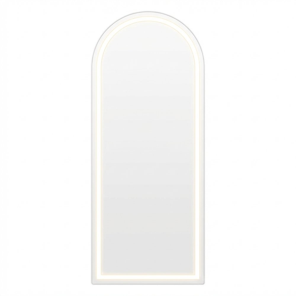Silver arched full-length mirror with integrated lighting, displayed against a white background.