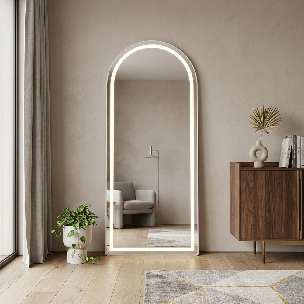 70" Silver Arch Lighted Freestanding And Wall Mounted Framed Full Length Mirror