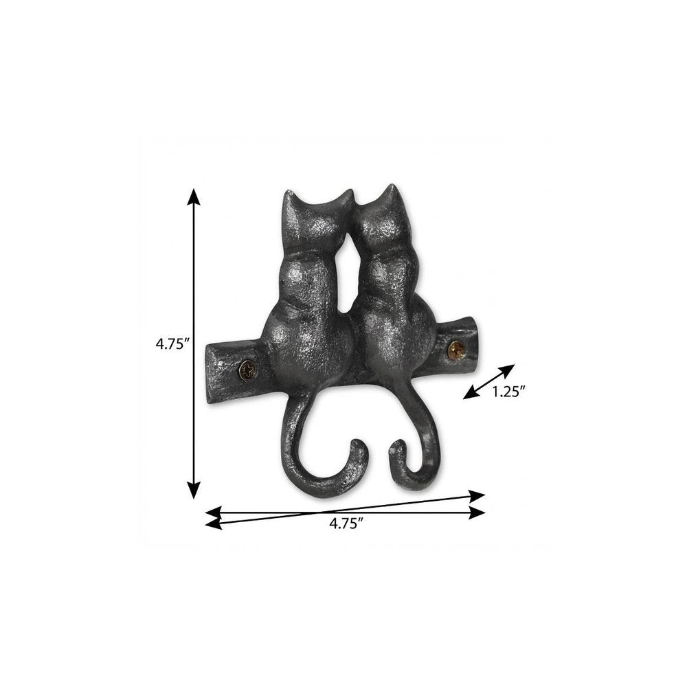 Two Hook 5" Black Cast Iron Cats Wall Hook on a white background