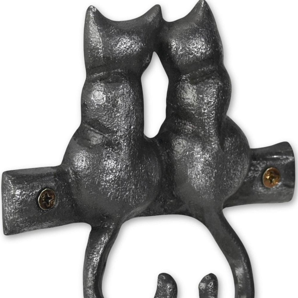 Two Hook 5" Black Cast Iron Cats Wall Hook on a white background