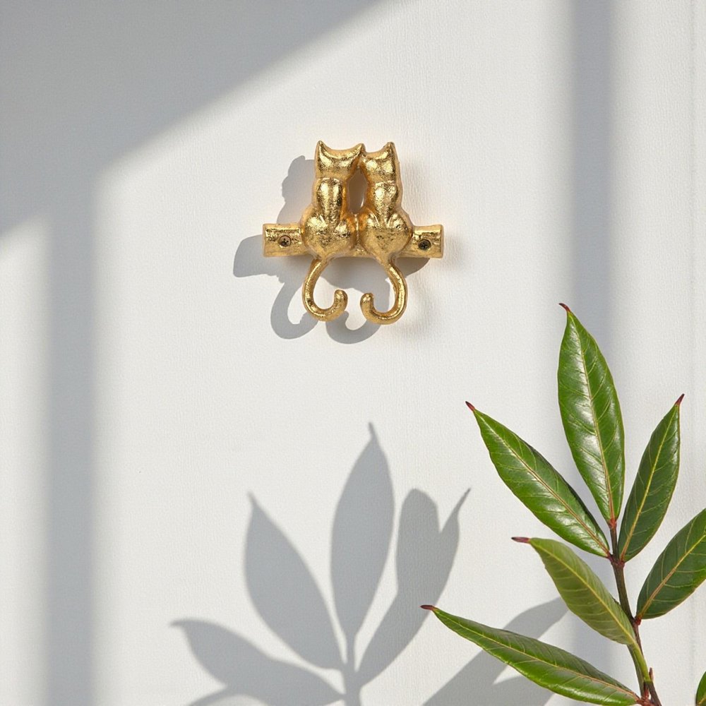Two Hook 5" Gold Cast Iron Cats Wall Hooks