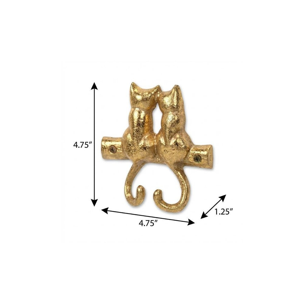 Two Hook 5" Gold Cast Iron Cats Wall Hooks on a white background
