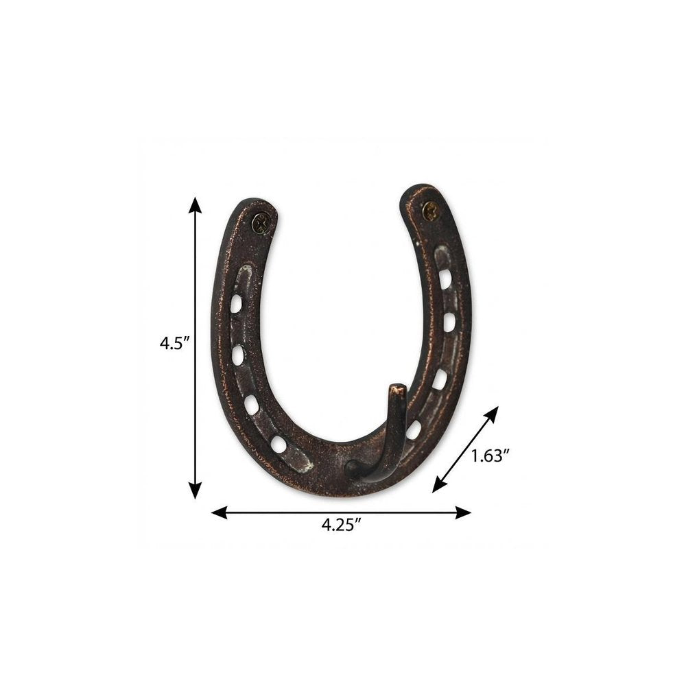4" Antiqued Bronze Cast Iron Horseshoe Wall Hook. Coat hanger isolated on a plain white background, showing a metal surface.