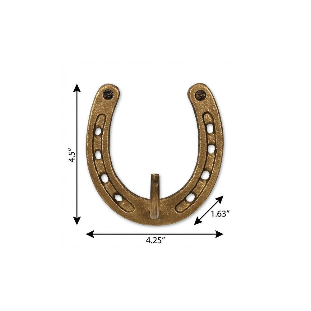 4" Antiqued Gold Cast Iron Horseshoe Wall Hook. Coat hanger isolated on a plain white background, in a gold metal finish.