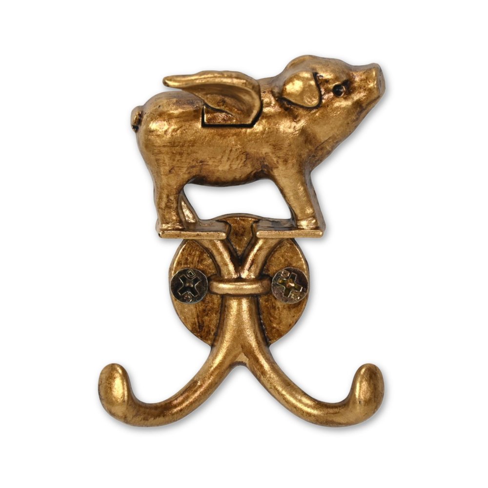 Two Hook 2" Antiqued Gold Cast Iron Pig Wall Hooks