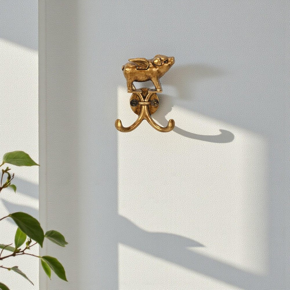 Two Hook 2" Antiqued Gold Cast Iron Pig Wall Hooks