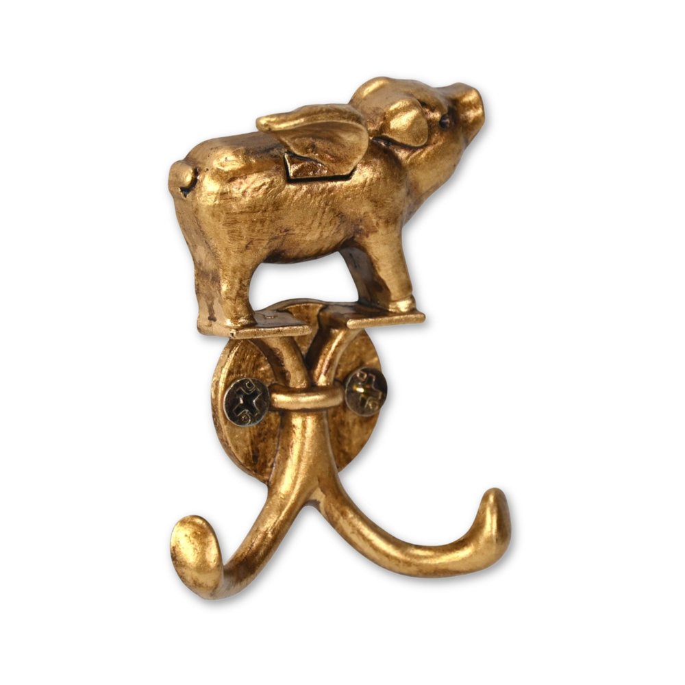 Two Hook 2" Antiqued Gold Cast Iron Pig Wall Hooks