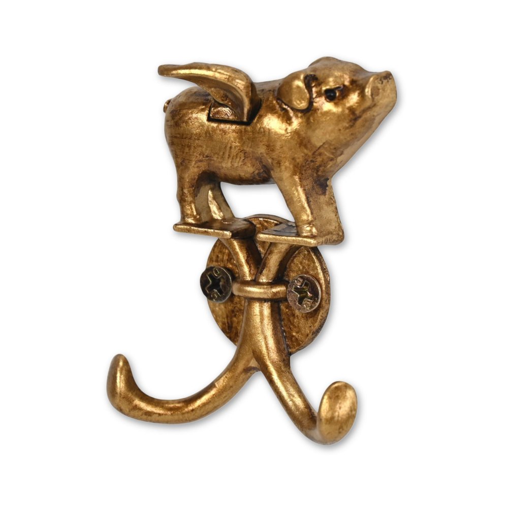 Two Hook 2" Antiqued Gold Cast Iron Pig Wall Hooks