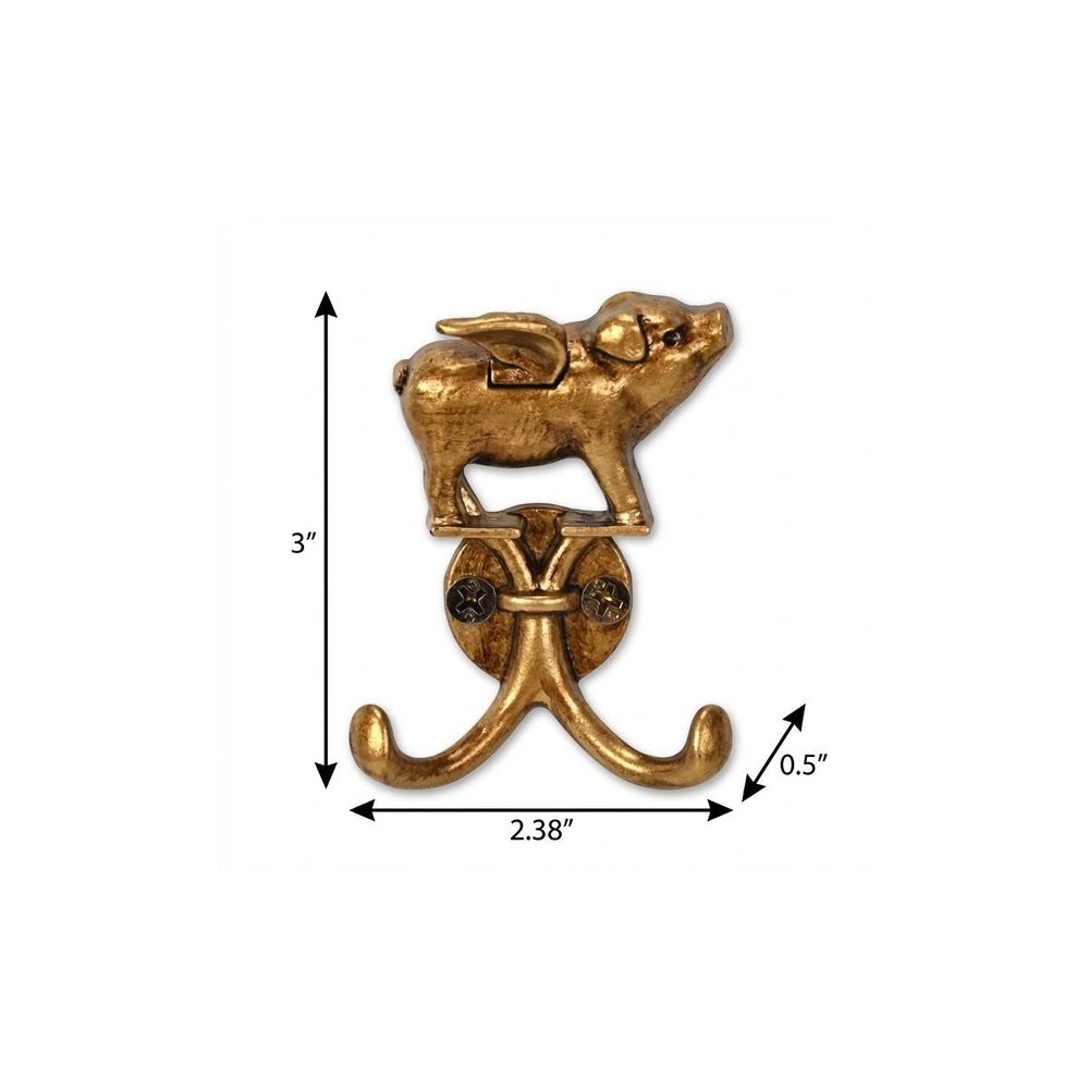 Two Hook 2" Antiqued Gold Cast Iron Pig Wall Hooks on a white background