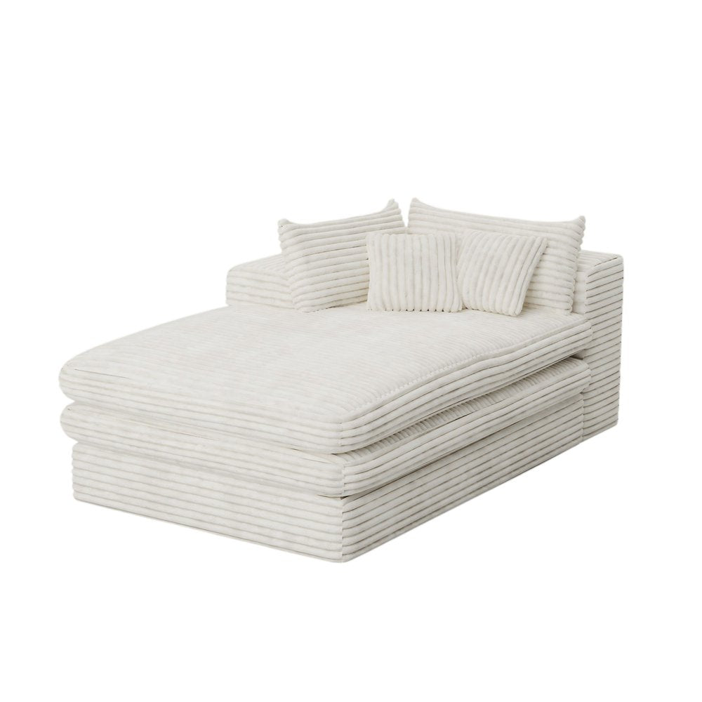 67" White Corduroy Left Hand Facing Chaise Lounge Chair. Accent chair isolated on a plain white background, finished in white.