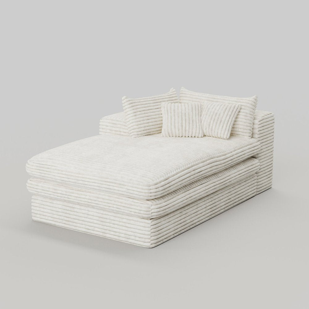 67" White Corduroy Left Hand Facing Chaise Lounge Chair. Accent chair isolated on a plain white background, in a white finish.