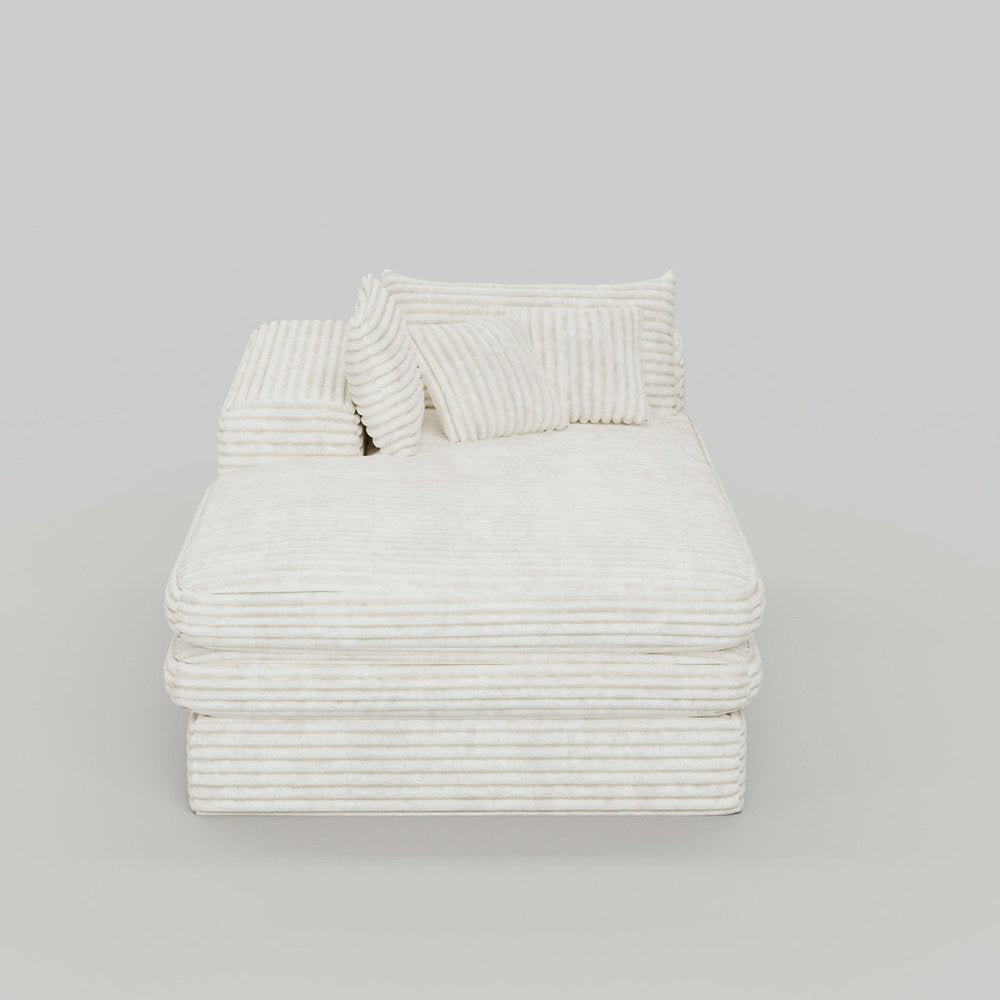 67" White Corduroy Left Hand Facing Chaise Lounge Chair. Accent chair isolated on a plain white background, finished in white.