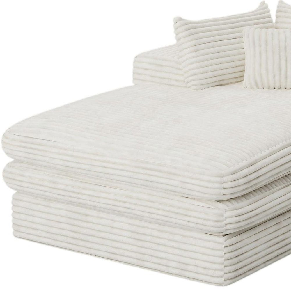 67" White Corduroy Left Hand Facing Chaise Lounge Chair. Accent chair isolated on a plain white background, in a white finish.