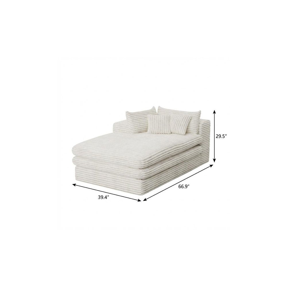 67" White Corduroy Left Hand Facing Chaise Lounge Chair. Accent chair isolated on a plain white background, finished in white.