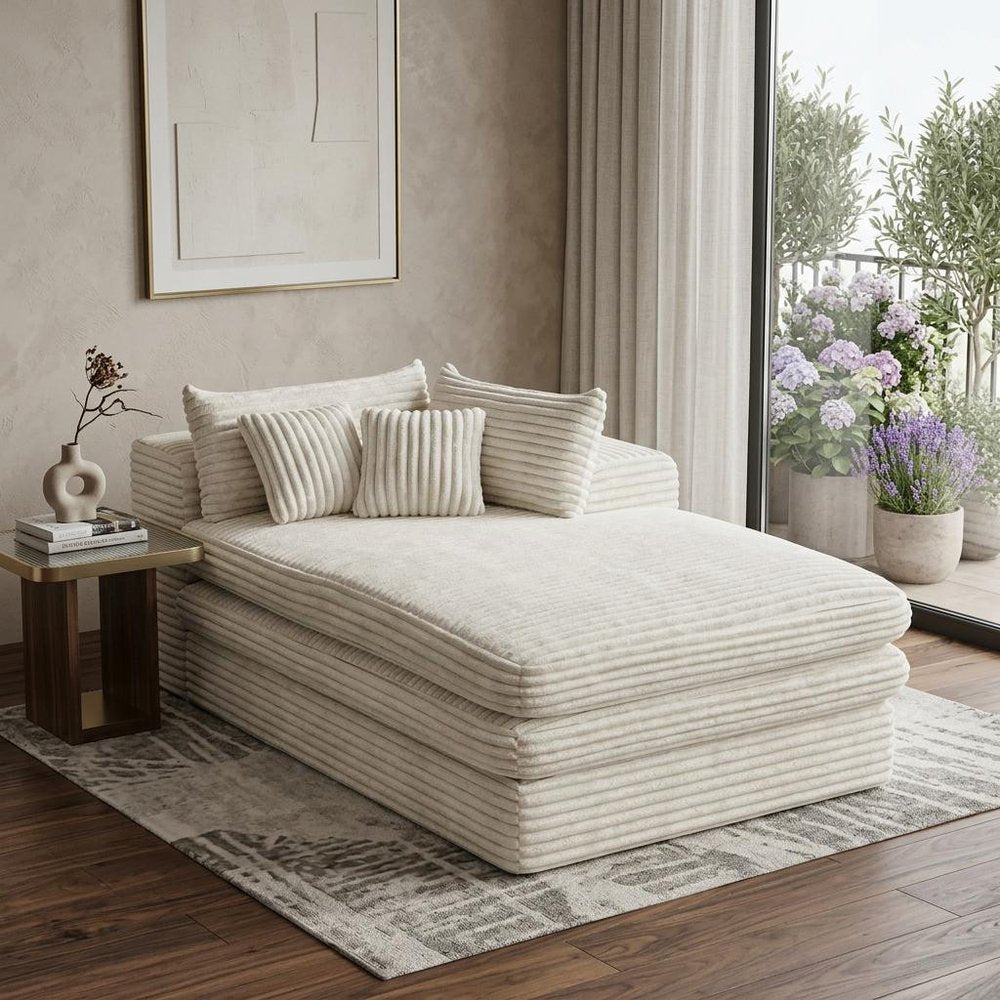 67" White Corduroy Left Hand Facing Chaise Lounge Chair styled in a furnished interior on a dark wood floor against a light gray wall.