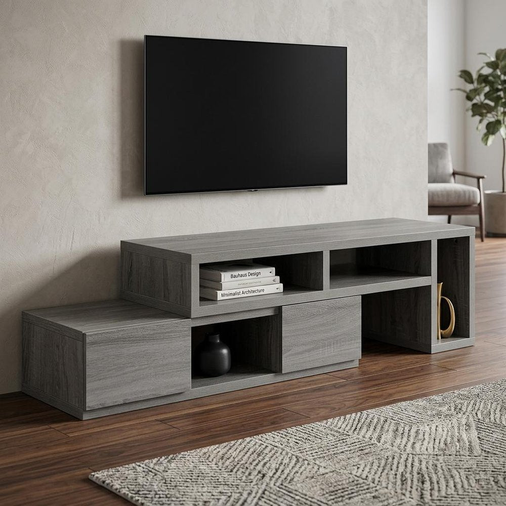 83" Gray Wood Enclosed and Open Storage TV Stand in a home interior