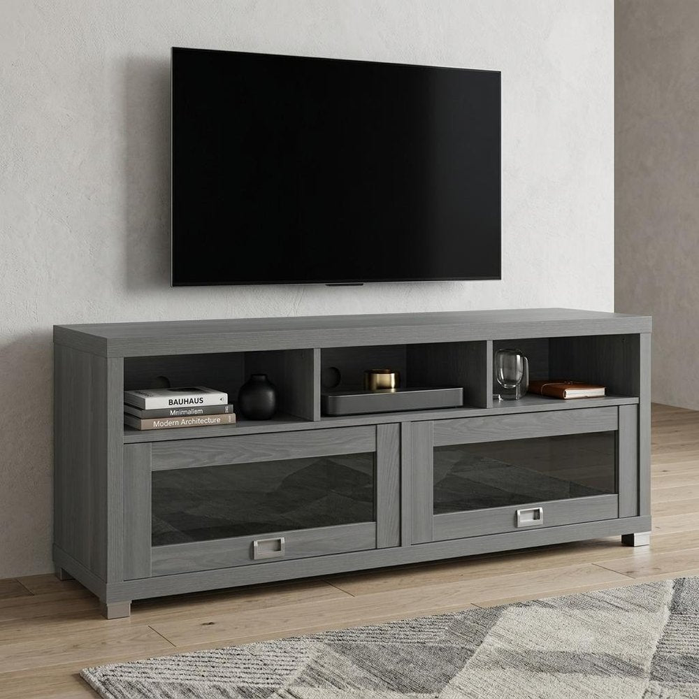 57" Gray Wood Enclosed and Open Storage TV Stand