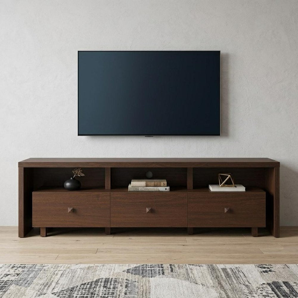 71" Brown Wood Enclosed and Open Storage TV Stand on a white background