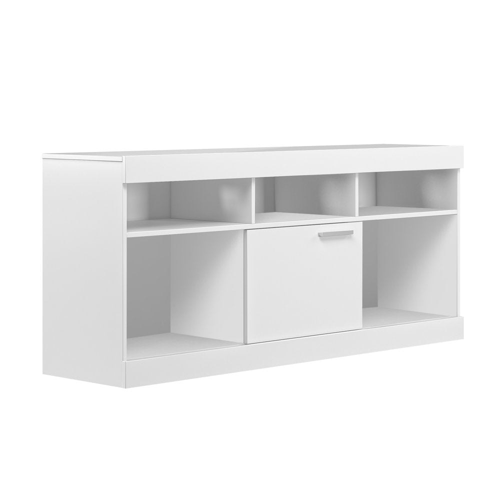 White wood TV stand with open shelves and one enclosed cabinet, shown against a white background.