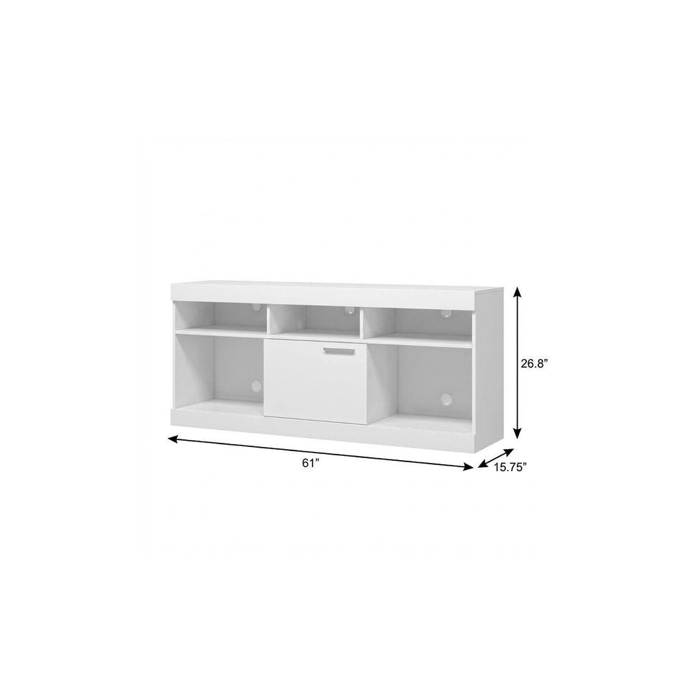61" White Wood Enclosed and Open Storage TV Stand. TV stand isolated on a plain white background, showing a white wood surface.