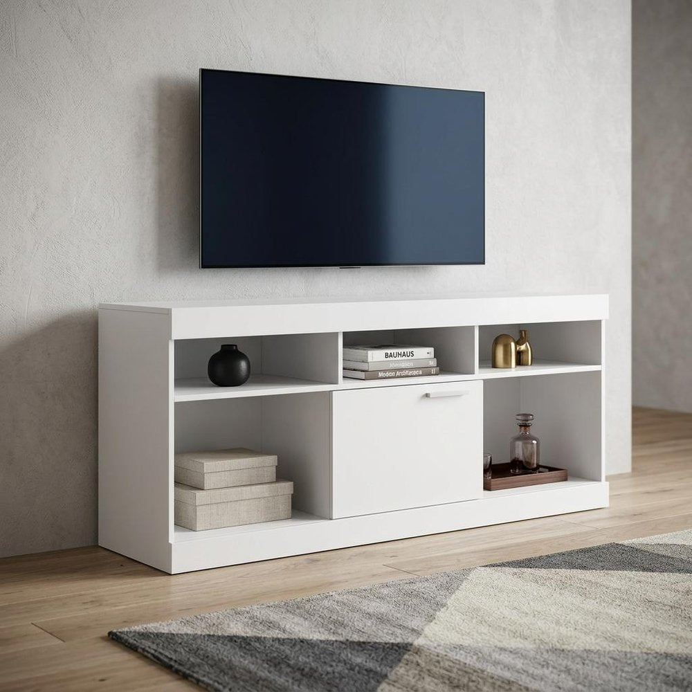 61" White Wood Enclosed and Open Storage TV Stand