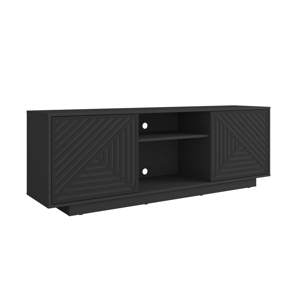 63" Black Ribbed Texture Wood Enclosed and Open Storage TV Stand