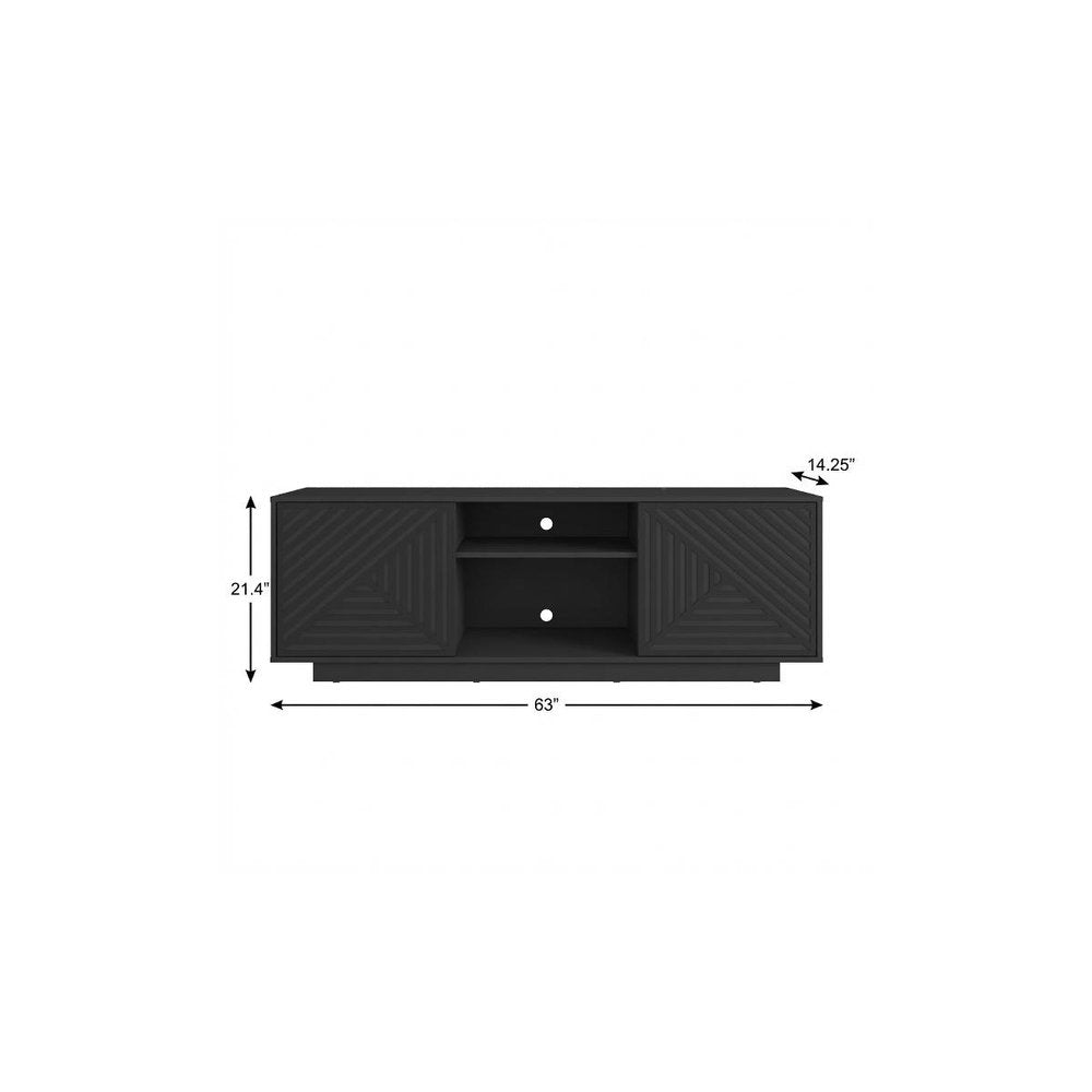63" Black Ribbed Texture Wood Enclosed and Open Storage TV Stand. TV stand isolated on a plain white background, in a black wood finish.