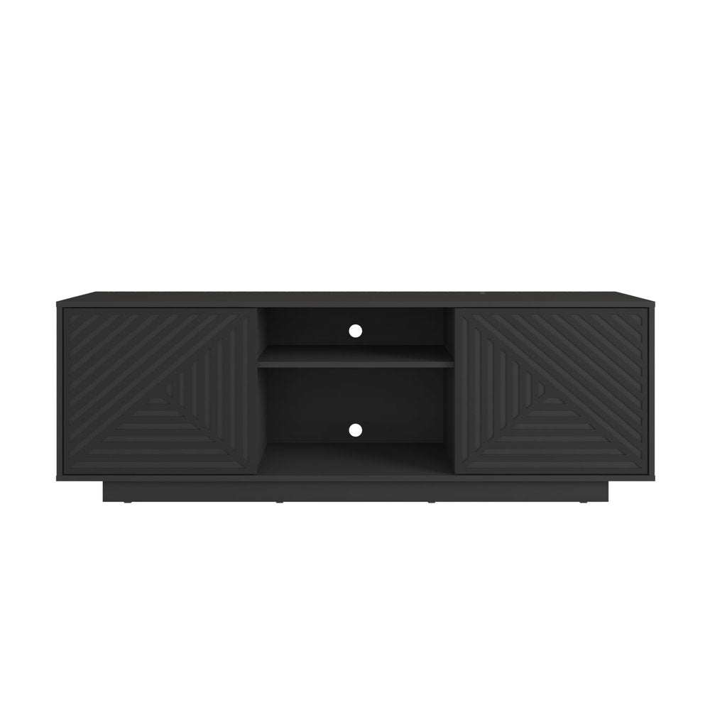 63" Black Ribbed Texture Wood Enclosed and Open Storage TV Stand