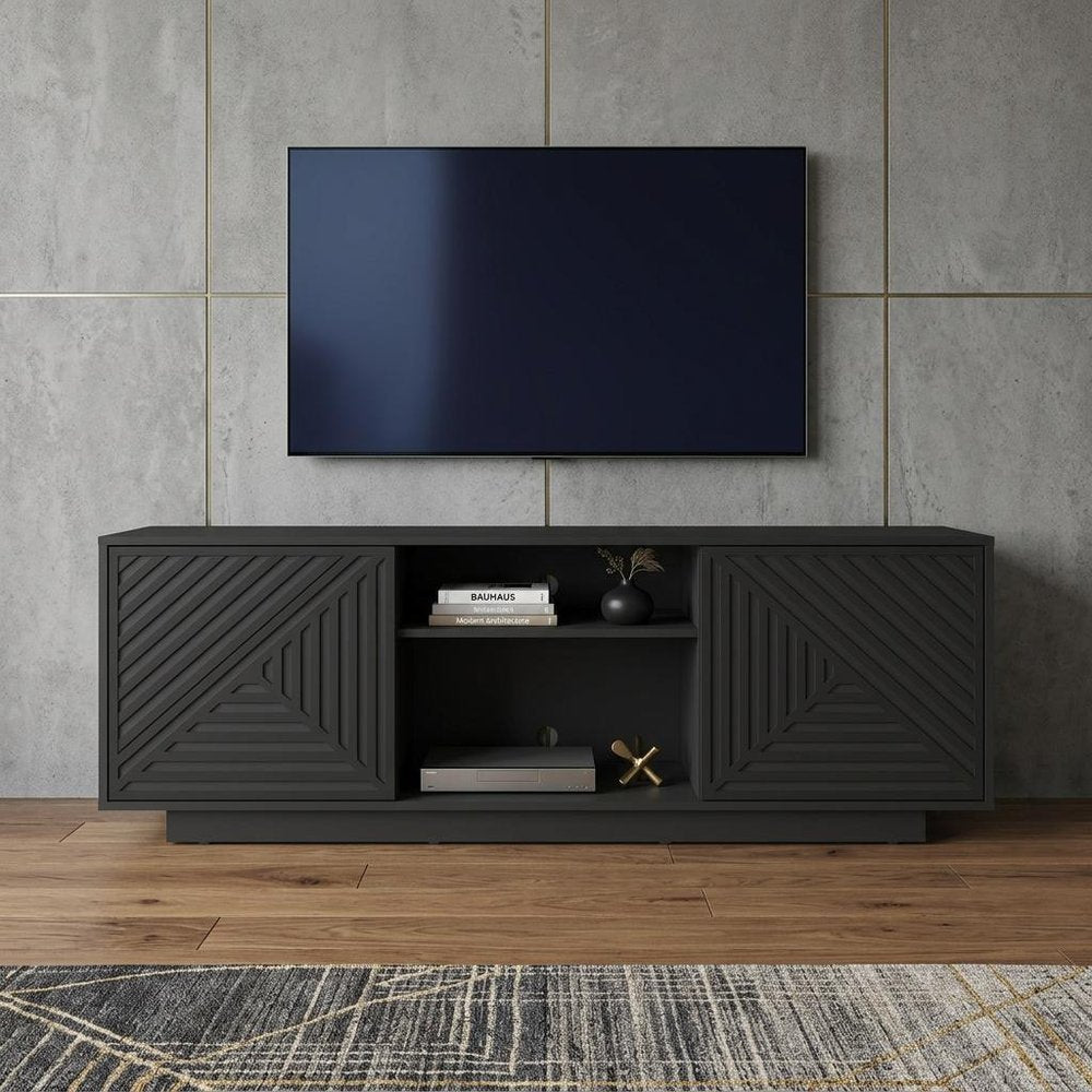 63" Black Ribbed Texture Wood Enclosed and Open Storage TV Stand styled in a furnished interior with a gray wall on a wood floor.