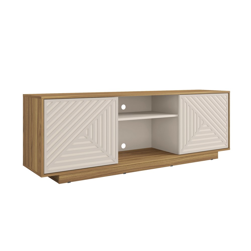 63" Black Ribbed Texture Wood Enclosed and Open Storage TV Stand. TV stand isolated on a plain white background, showing a wood surface.