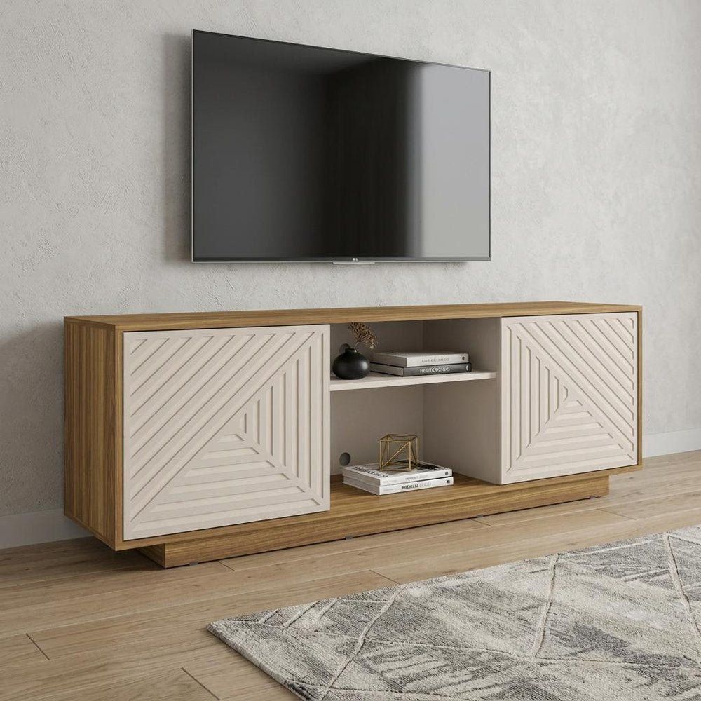 63" Black Ribbed Texture Wood Enclosed and Open Storage TV Stand in a home interior