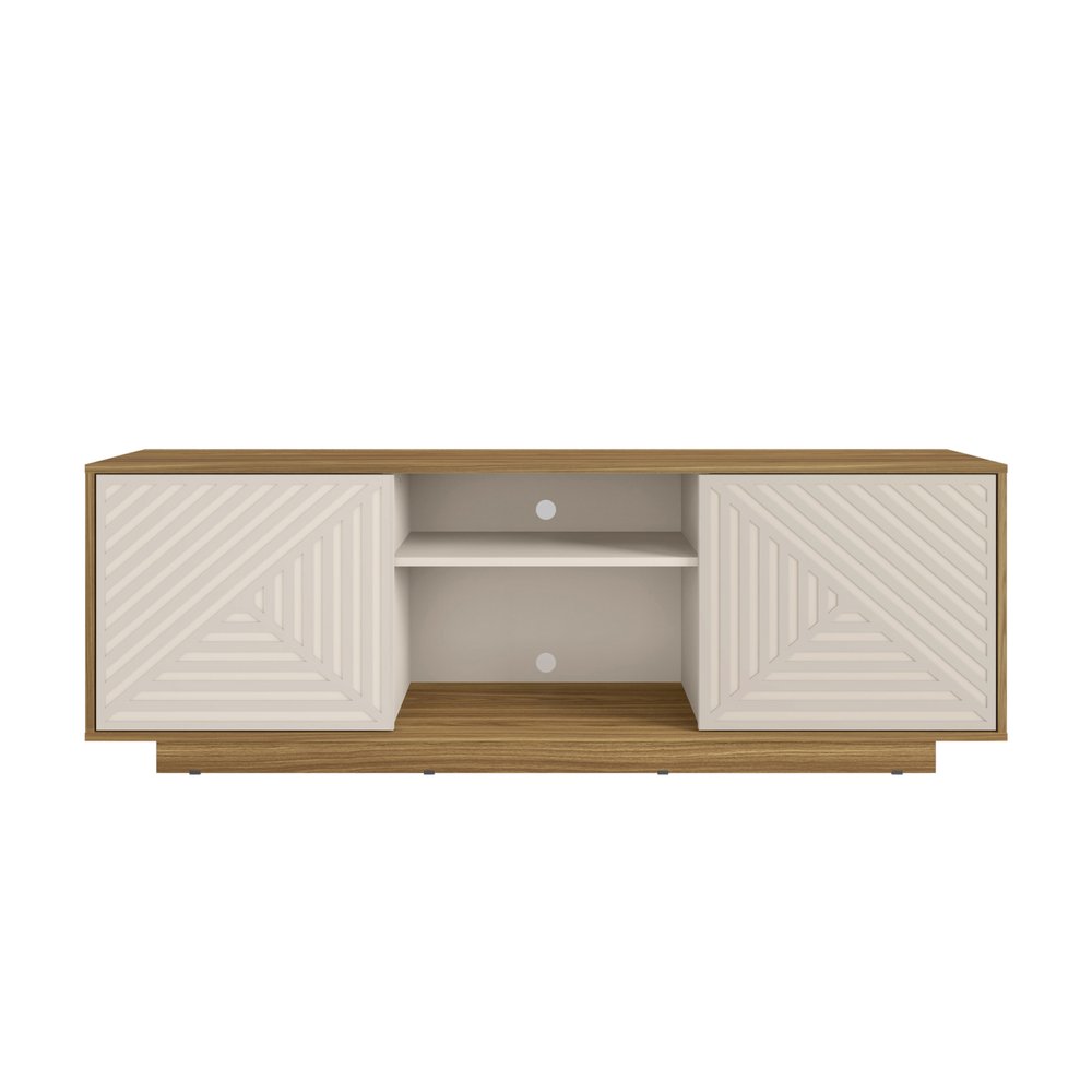 63" Black Ribbed Texture Wood Enclosed and Open Storage TV Stand. TV stand isolated on a plain white background, showing a wood surface.