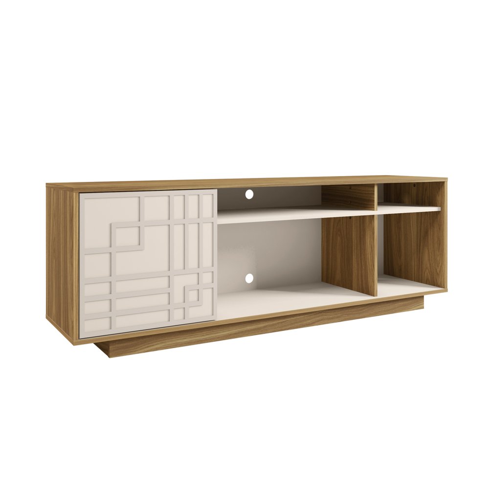 63" Black Carved Geometric Wood Enclosed and Open Storage TV Stand. TV stand isolated on a plain white background, showing a black wood surface.