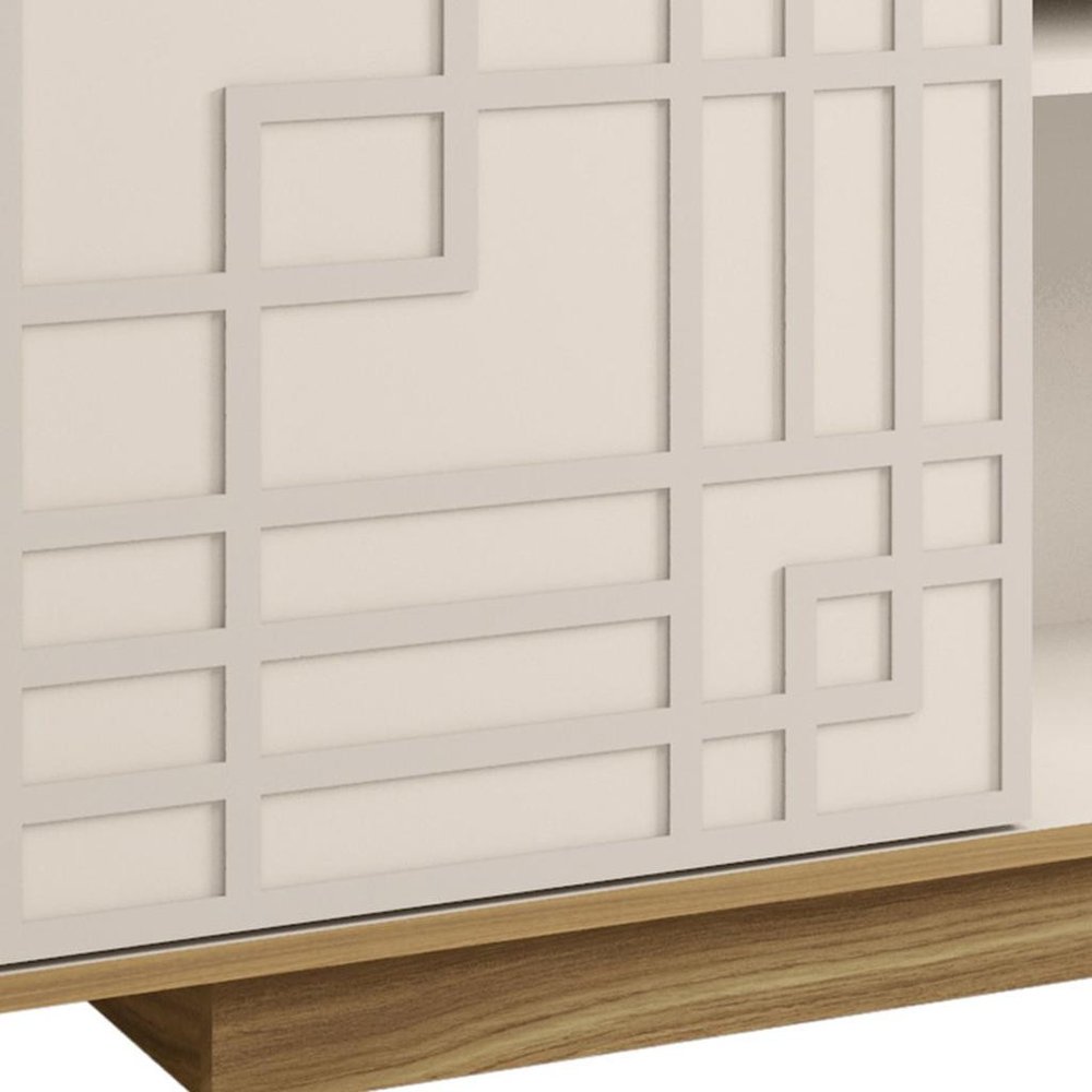 63" Natural And White Carved Geometric Wood Enclosed and Open Storage TV Stand