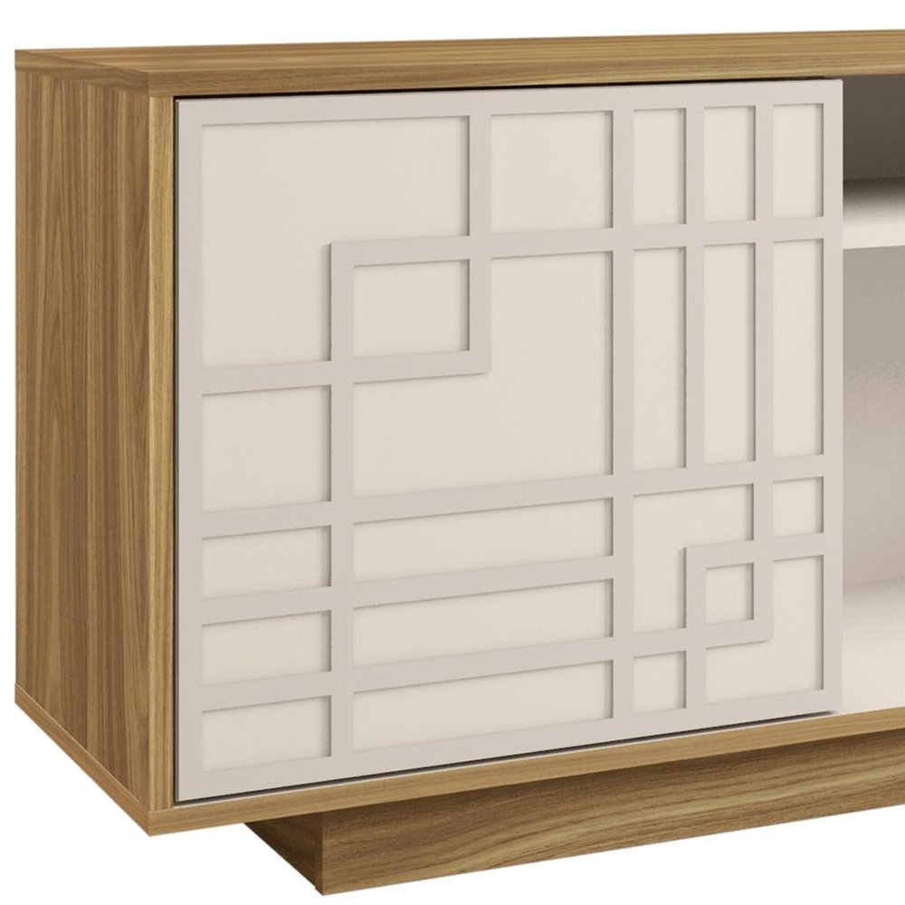 63" Natural And White Carved Geometric Wood Enclosed and Open Storage TV Stand