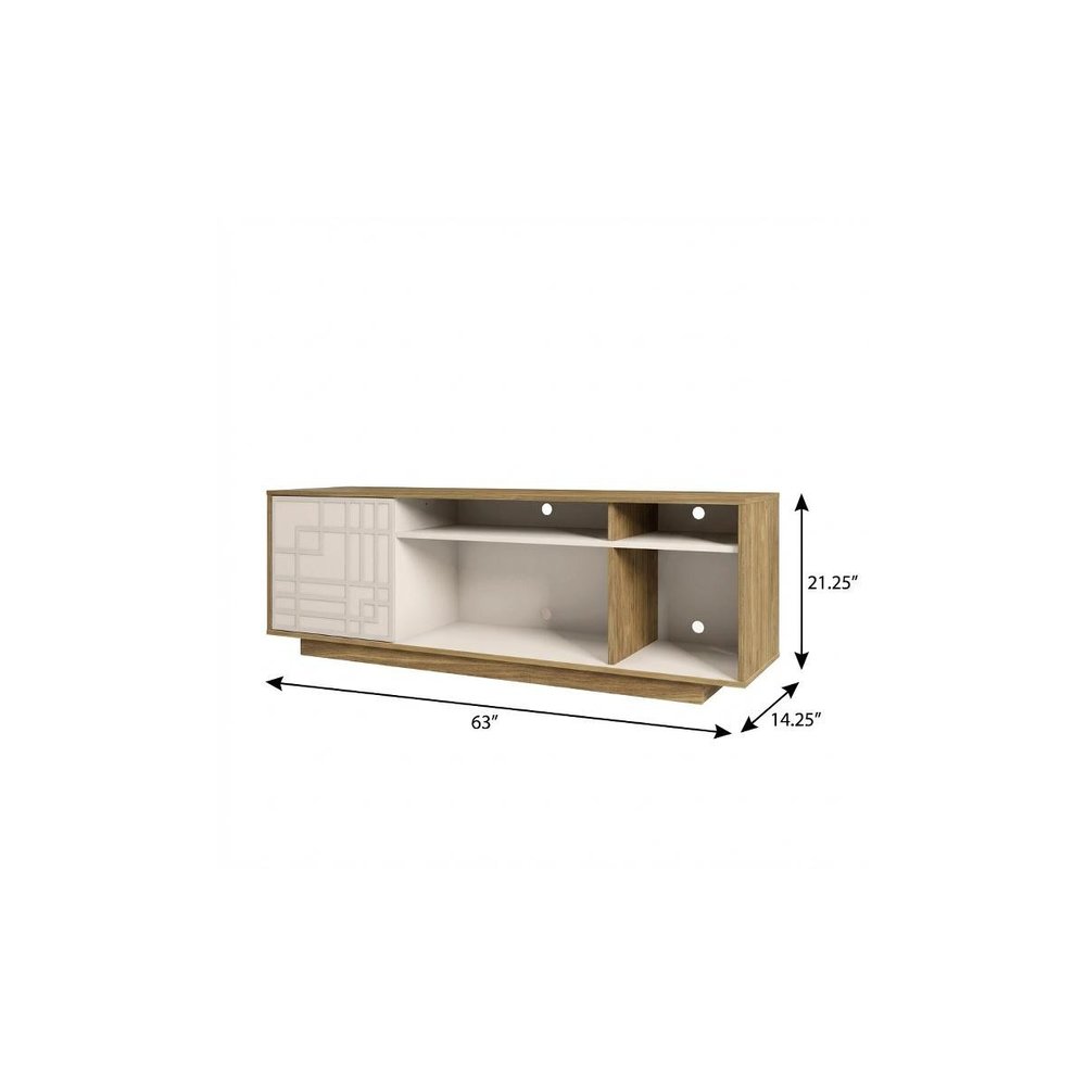 63" Black Carved Geometric Wood Enclosed and Open Storage TV Stand. TV stand isolated on a plain white background, showing a wood surface.
