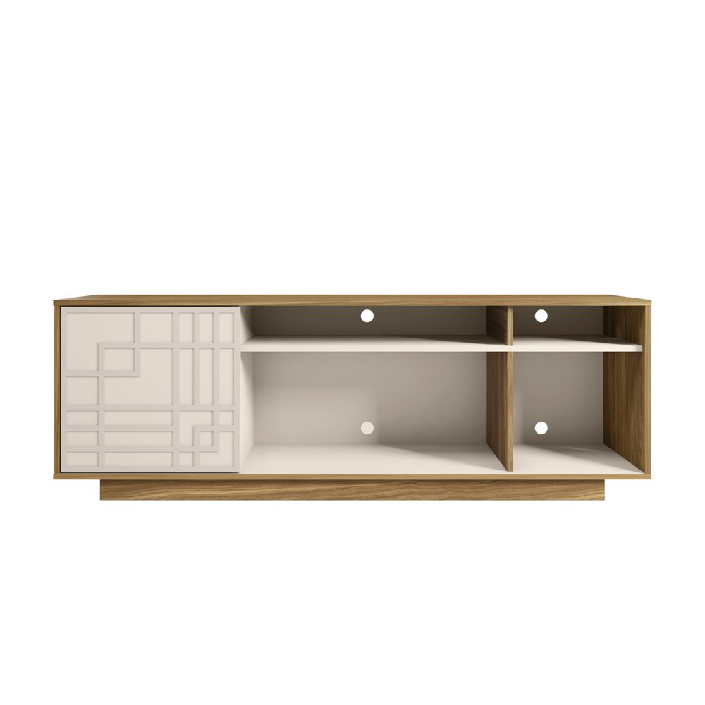63" Natural And White Carved Geometric Wood Enclosed and Open Storage TV Stand