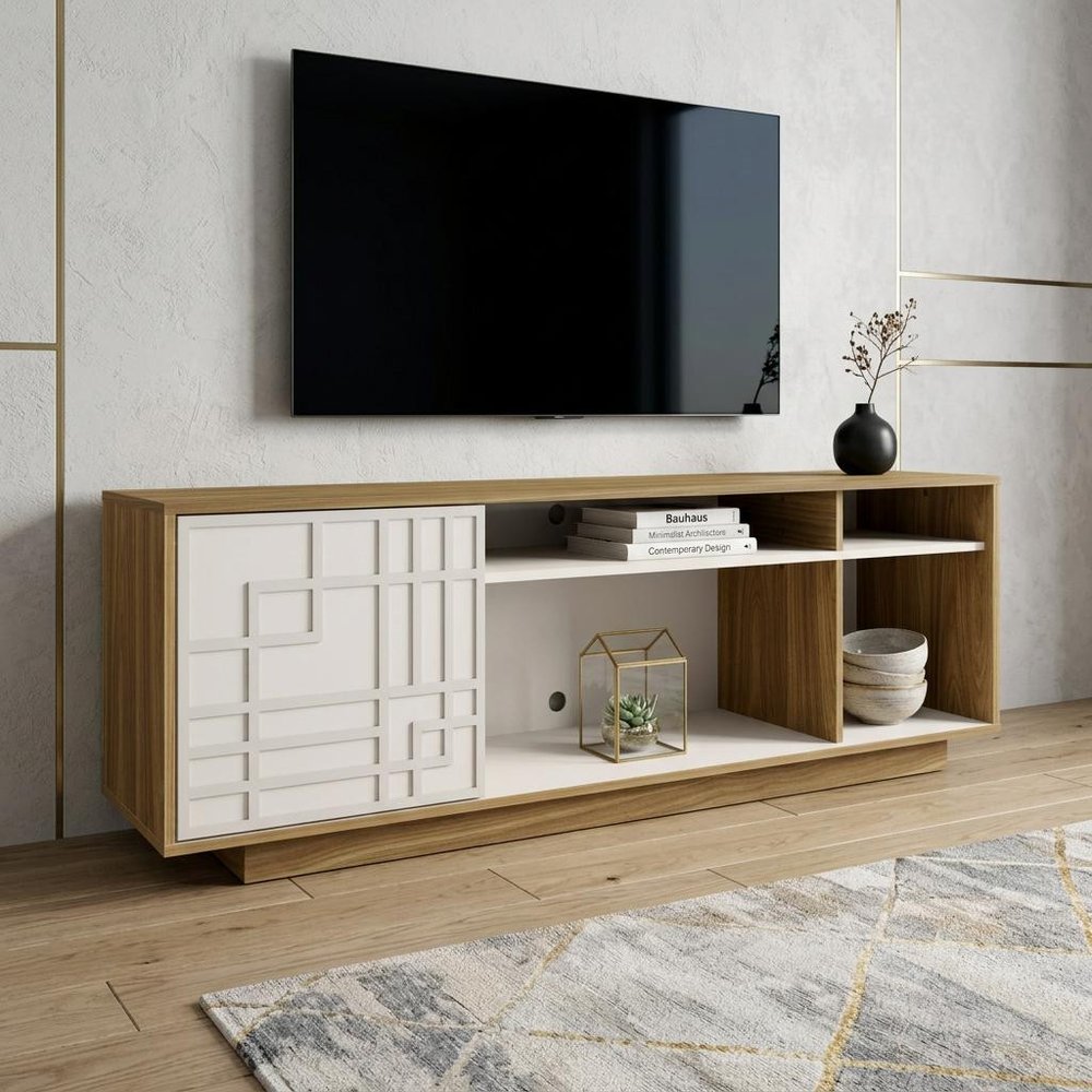 63" Black Carved Geometric Wood Enclosed and Open Storage TV Stand. TV stand isolated on a plain white background, showing a wood surface.