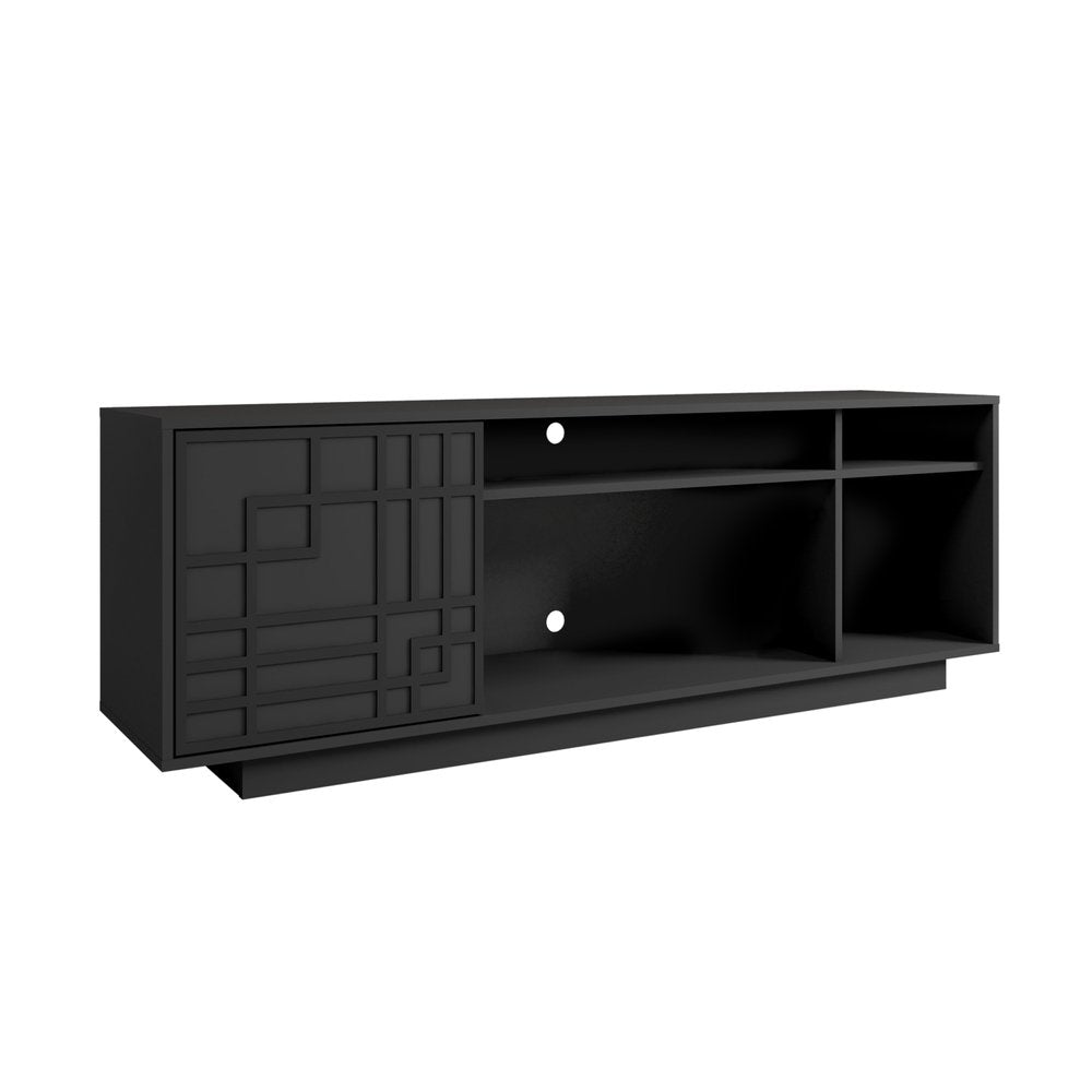 63" Black Carved Geometric Wood Enclosed and Open Storage TV Stand. TV stand isolated on a plain white background, showing a black wood surface.