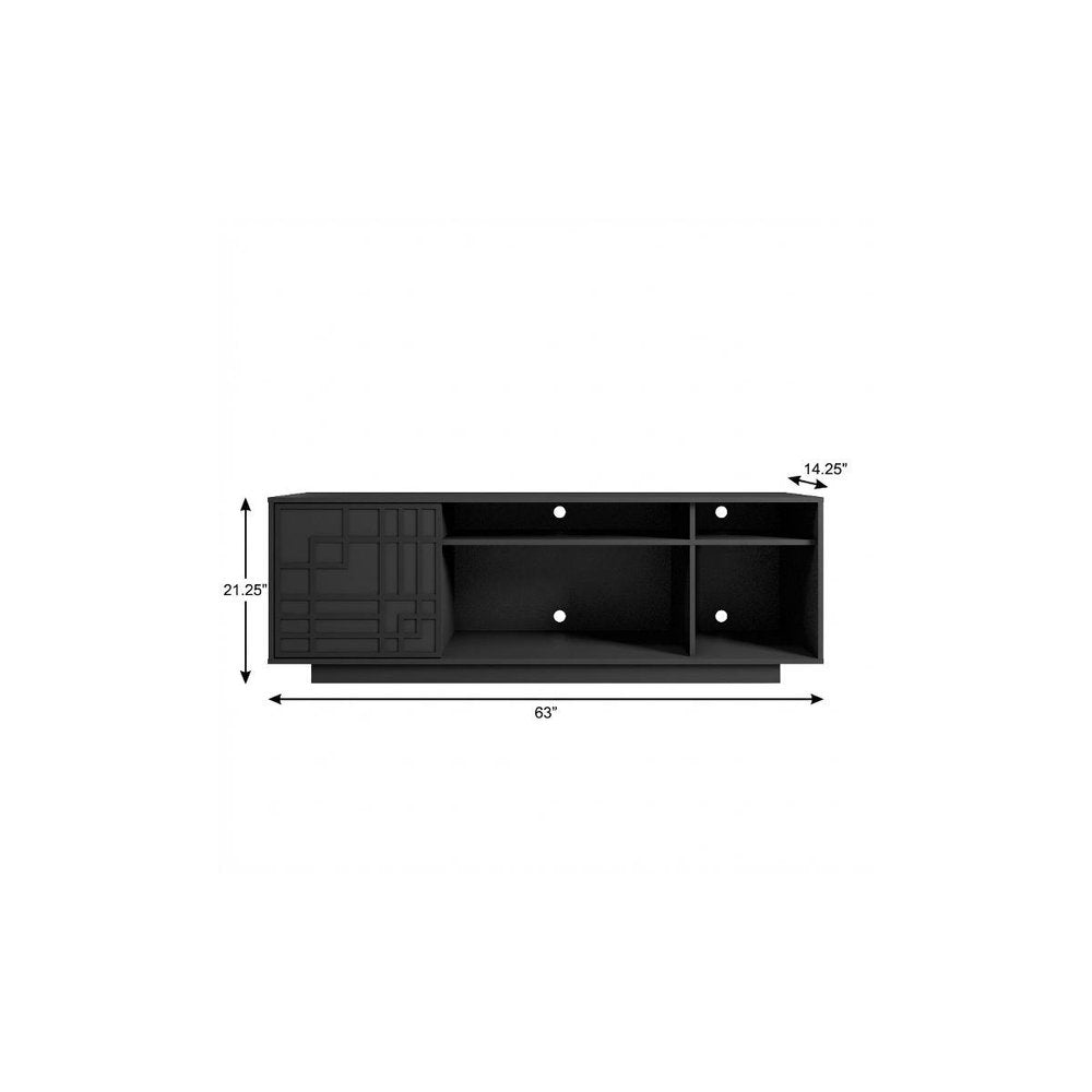63" Black Carved Geometric Wood Enclosed and Open Storage TV Stand on a white background