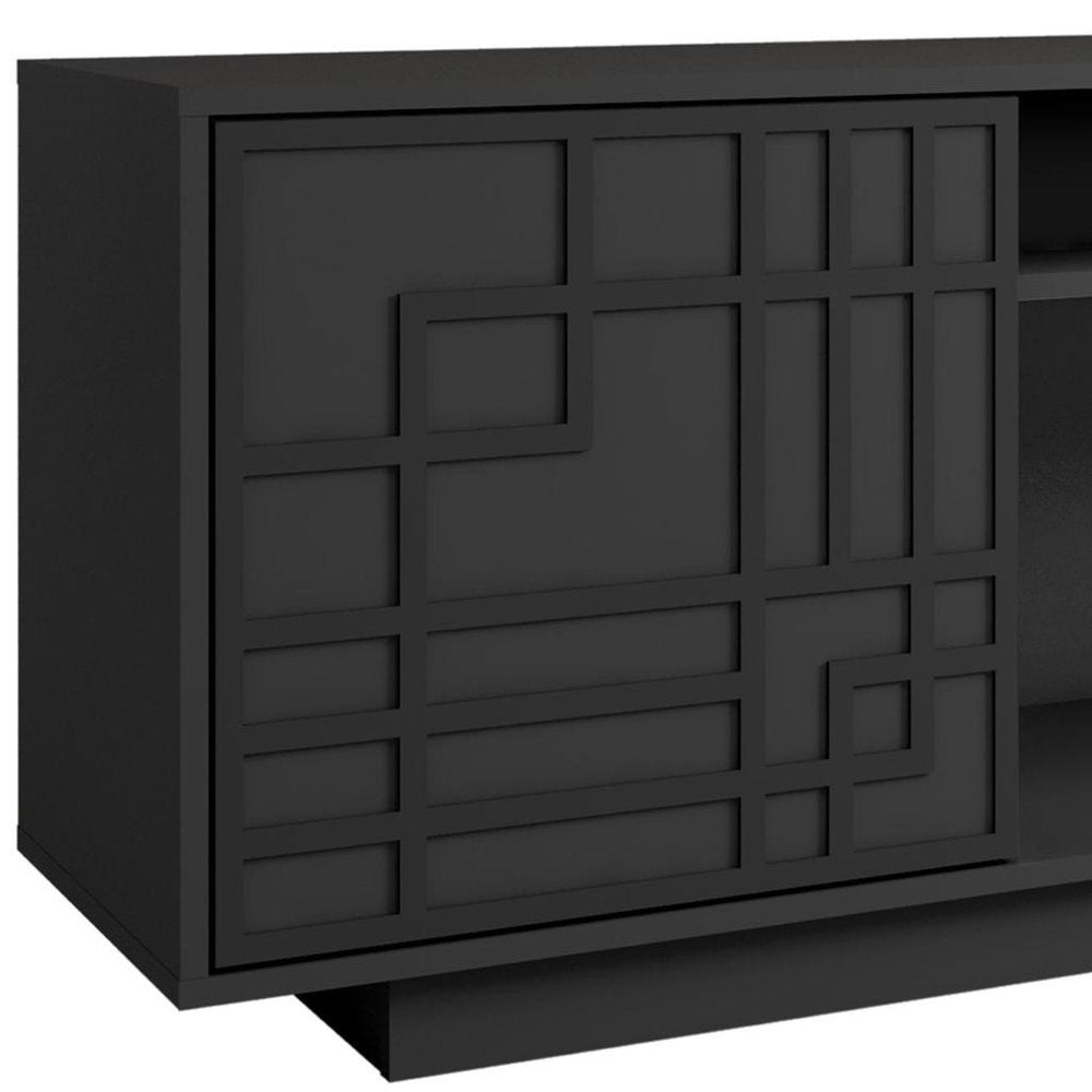 63" Black Carved Geometric Wood Enclosed and Open Storage TV Stand close-up detail