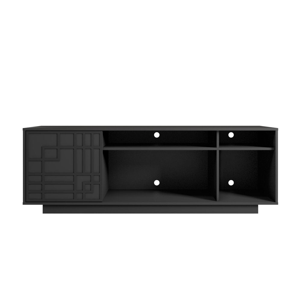 63" Black Carved Geometric Wood Enclosed and Open Storage TV Stand. TV stand isolated on a plain white background, in a black wood finish.