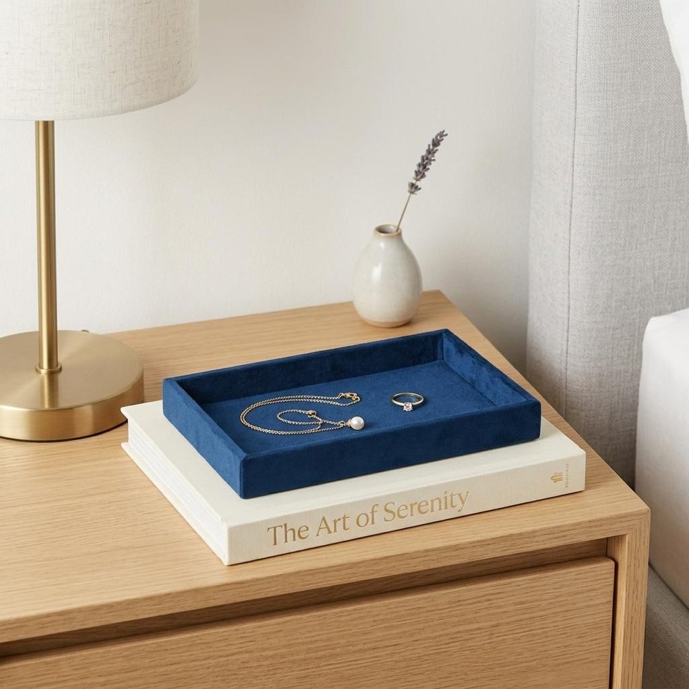 9" Blue Velvet Handmade Trinket Tray in a home interior