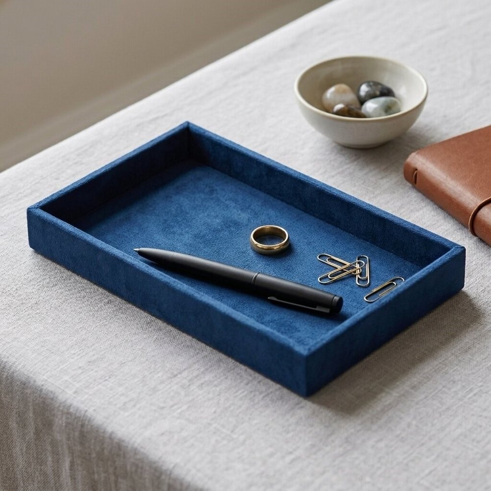 9" Blue Velvet Handmade Trinket Tray in a home interior